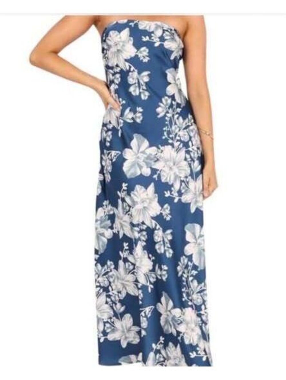 EUC Petal & Pup Gemma Strapless Satin Maxi Dress in Blue Floral Large